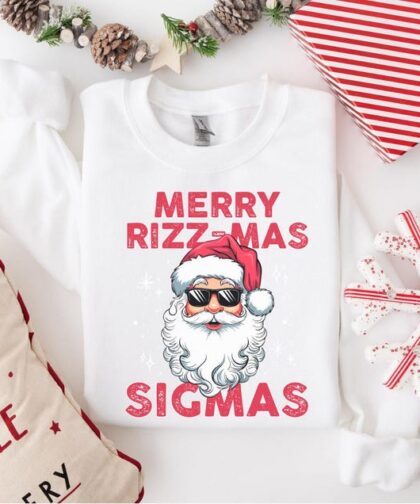 Funny Christmas sweatshirt featuring Merry Rizzmas text, perfect for gifting.