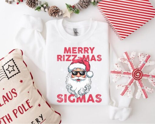 Funny Christmas sweatshirt featuring Merry Rizzmas text, perfect for gifting.