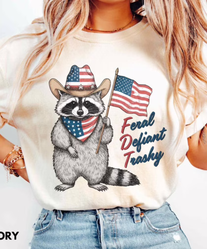 Vintage 4th of July Feral But Free Racoon FDT Shirt, Patriotic Fourth Of July T Shirt, Fuck Donald Trump Shirt