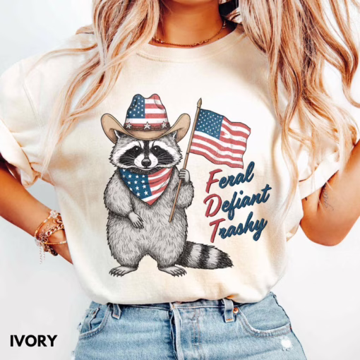 Vintage 4th of July Feral But Free Racoon FDT Shirt, Patriotic Fourth Of July T Shirt, Fuck Donald Trump Shirt